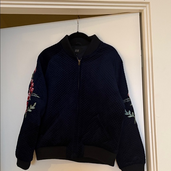 Goldie Dark Blue quilted velveteen Bomber Jacket with Red Floral Embroidery - Picture 1 of 4